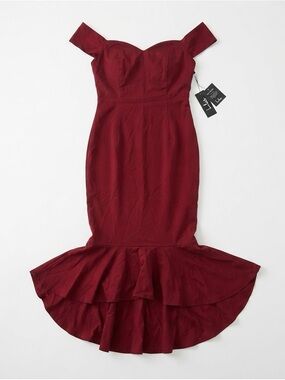 Lulu's Off-the-Shoulder Wine Red Ruffled-Hem Gown